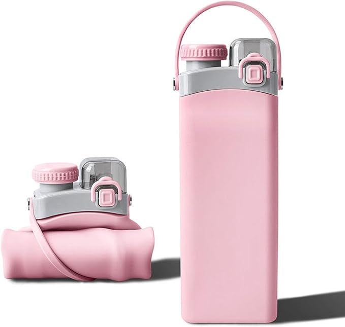 THAIOXYH® Collapsible Water Bottle 20 oz（600ml） Silicone BPA Free Reuseable Lightweight Foldable Water Bottles for Traveling Running Hiking Camping Sports (Pink)