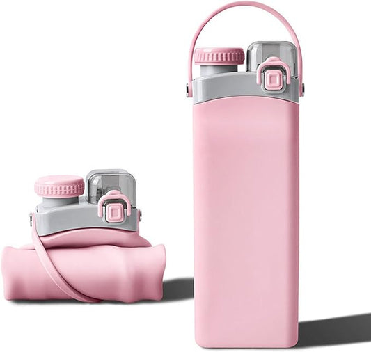 THAIOXYH® Collapsible Water Bottle 20 oz（600ml） Silicone BPA Free Reuseable Lightweight Foldable Water Bottles for Traveling Running Hiking Camping Sports (Pink)