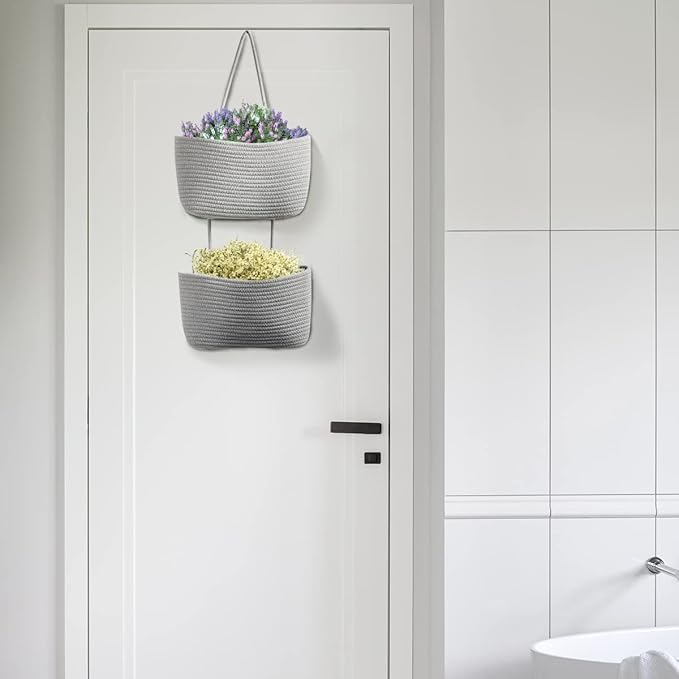 TeoKJ 2 Tier Over the Door Organizer, Wall-Mounted Storage Hanging Basket, Decorative Cotton Rope Hanging Baskets, Gray