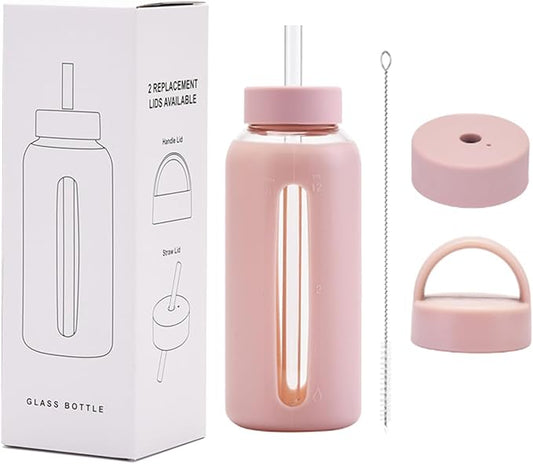 27 Oz Hydration Bottle,Minimalist Glass Water Bottle With Silicone Sleeve,Wide Mouth Opening With 2 Lids,Train Straws,Gift for Kids/Adults,Sport Glass Water Bottle for Gym/Yoga/Outdoor (Pink, 27 oz)