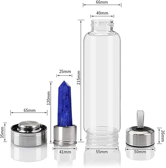 Crystal Glass Water Bottle Energy Quartz Gemstone Water Bottle with Changeable Natural Crystal Center for Healing and Wellness Blue Fused Crystal