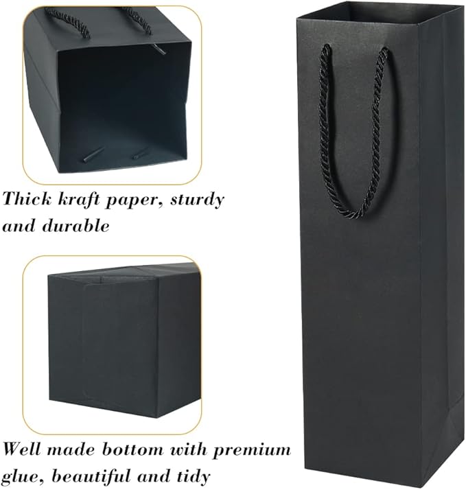 HRX Package Sturdy Kraft Paper Single Bottle Wine Gift Bags, 12PCS Quality Paper Wine Tote Bags with Handles for Christmas, Party, Shopping, Retail Merchandise (Black)