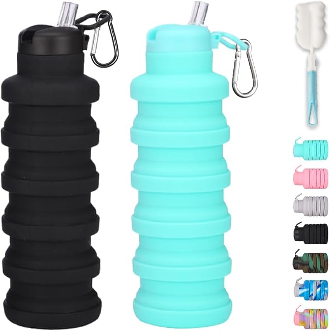 Collapsible water bottles 2 Pack with brush,BPA Free Travel Silicone Water Bottle with Carabiner,Reusable Foldable Portable Lightweight Sports bottles for Gym Camping Hiking (Black+Aqua blue)