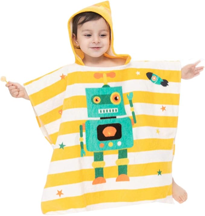TONWHAR Kids Bath/Pool/Beach Hooded Poncho Towel-Cartoon Animal Pattern Cotton Beach Towel for Baby and Kids (Robot, 1-4 Years/Height:33.4"-43.3")