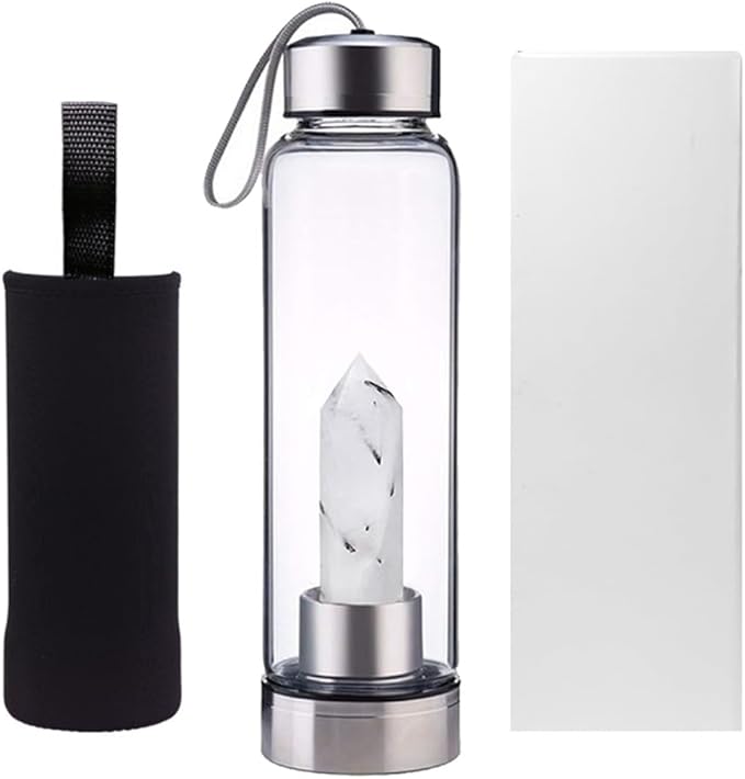 Crystal Glass Water Bottle,Water Bottle With Gemstone Center Crystal Elixir Bottle,Removable Gemstones Water Cup Crystal Column Magic Wand Energy Cup for Gifts (J-Black Tourmaline)