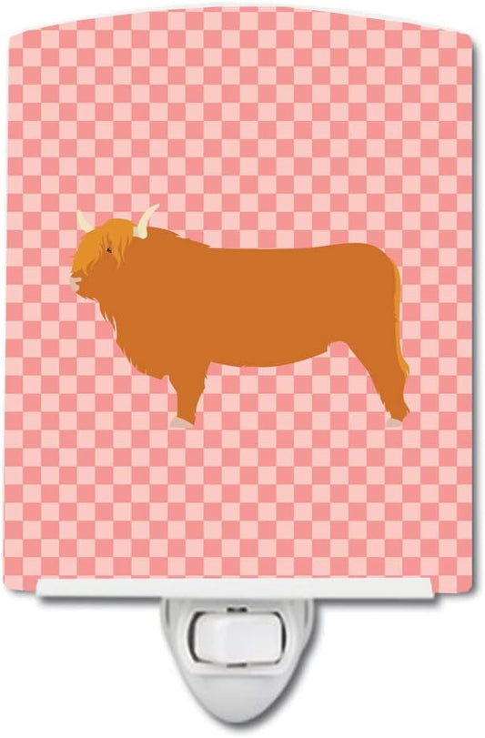 Caroline's Treasures BB7820CNL Highland Cow Pink Check Ceramic Night Light Compact, UL-Certified, Ideal for Bedroom, Bathroom, Nursery, Hallway, Kitchen, 6x4x3, Multicolor