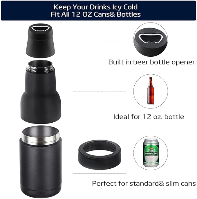 3 in 1 Beer Bottle and Can Cooler, Vacuum Insulated Double Walled Stainless Steel Cooler with Beer Opener, 12 oz Slim Can Insulator Holder (Black)