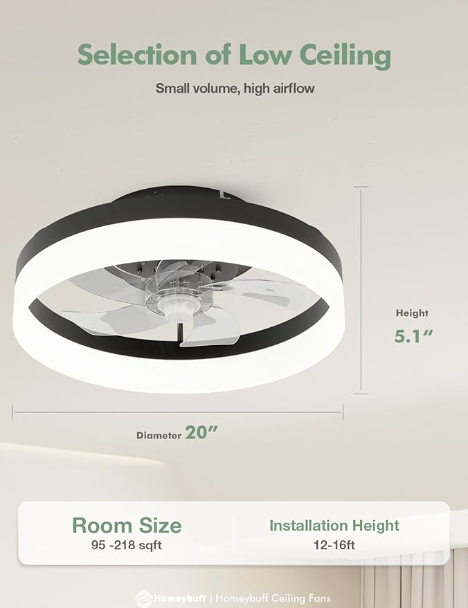 Flush Mount Modern Ceiling Fan with Lights Remote, 6 Speed Low Profile Ceiling Fan, 20-Inch, Black(5-Blades) for Living Room,Bedroom,Kids Room,Small Room