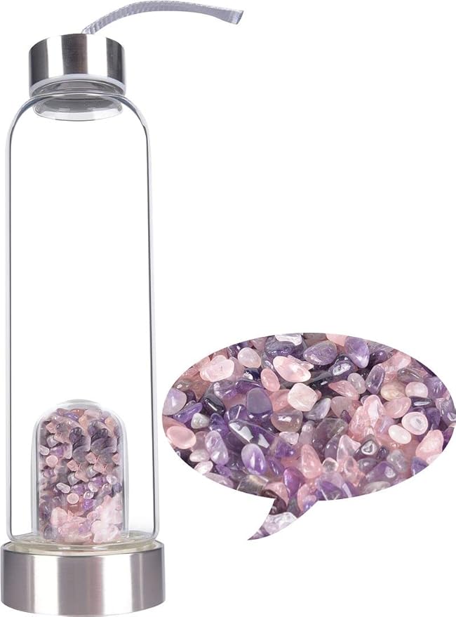 Crystal Glass Water Bottle, Glass Water Bottle with Changeable Natural Crystal Center, Quartz Gemstone Water Bottle for Natural