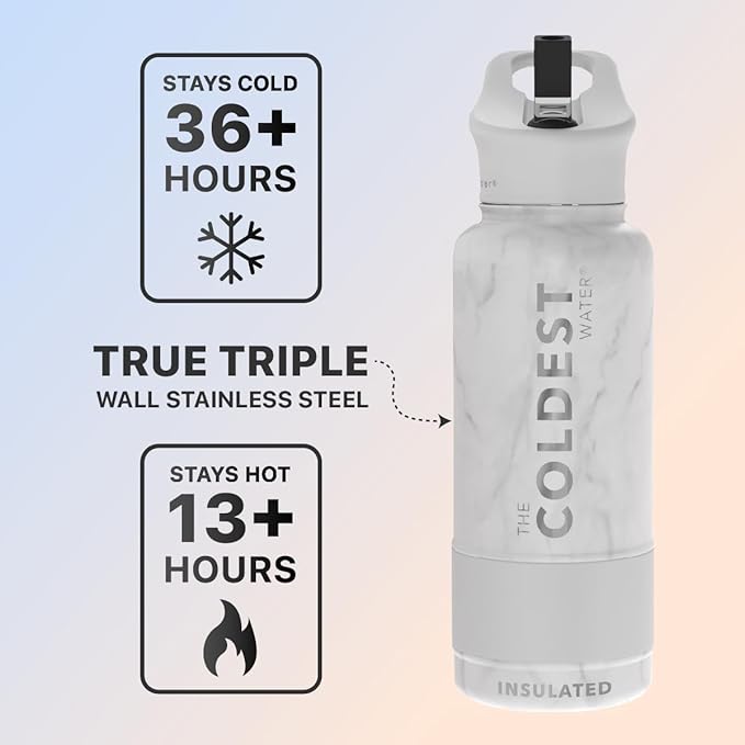 Coldest Sports Water Bottle with Straw Lid Vacuum Insulated Stainless Steel Metal Thermos Bottles Reusable Leak Proof Flask for Sports Gym(32 oz, Marble White)