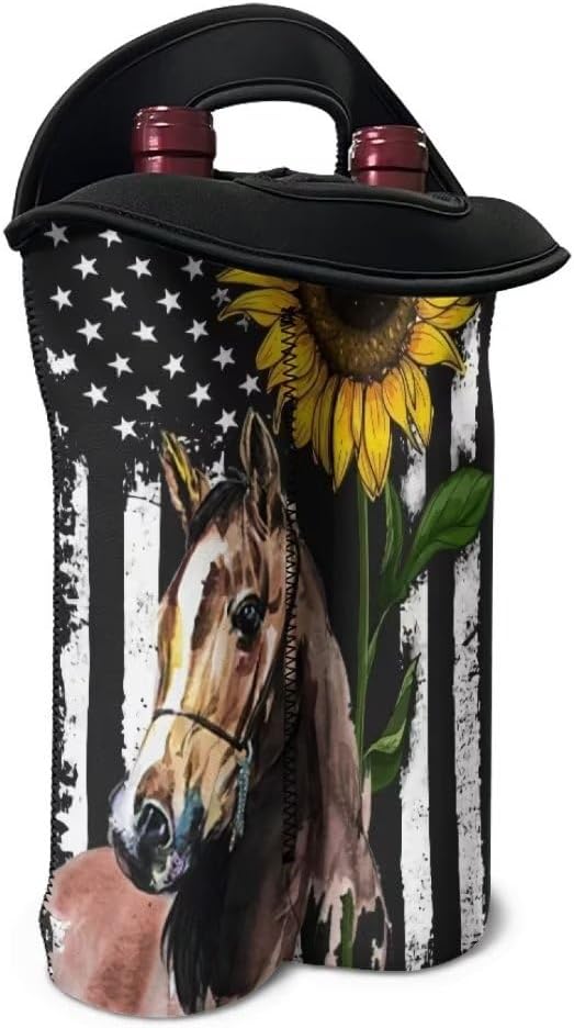 doginthehole Horse Wine Bag Double Wine Carry Bag Reusable Neoprene Wine Tote Insulated Bag American Flag Sunflower Print Wine Accessories Gift for Women Champagne Carrier Bag