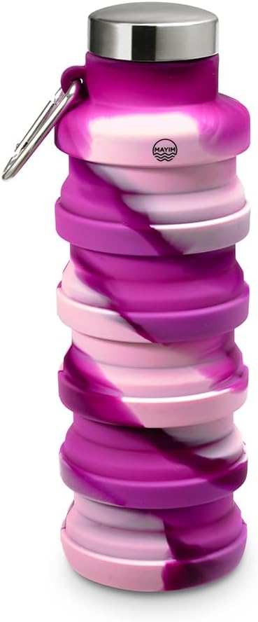 Mayim Collapsible Water Bottles Silicone Travel Tumbler with Clip for Backpack, Reusable Portable Sport Water Bottle for Gym, Camping, Hiking or Airport, 17 Oz Magenta Tie Dye