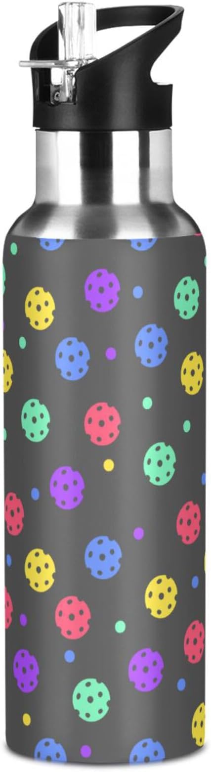 Colorful Pickleball Sports Water Bottle, Double Wall Vacuum Insulated Stainless Steel Water Bottle with Straw Keeps Hot and Cold, Bike Running Sports Travel Gym 20oz