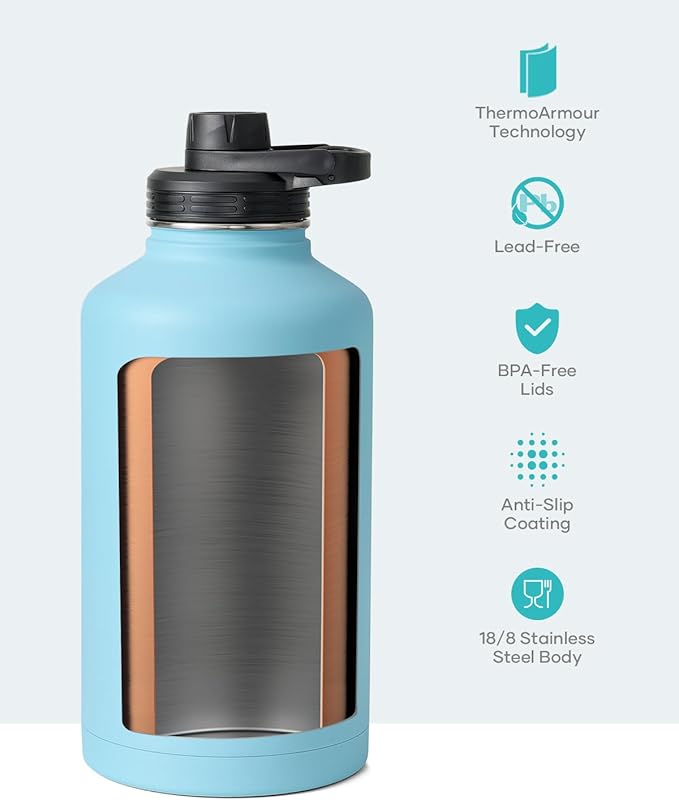 BUZIO Water Bottle with Straw lid, Spout Lid, Hand Lid and Carrying Pouch, 32oz 40oz 64oz Stainless Steel Water Flask Jug, Cold for 48 Hrs Hot for 24 Hrs Double Vacuum Thermo Canteen Mug, BPA-Free