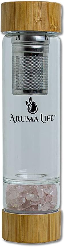 Crystal Water Bottle with a Loose-Leaf Tea/Fruit Infuser, Safe for Hot and Cold Drinks, Eco-friendly & Plus BONUS Protective Sleeve & Extra Set of Crystals Amethyst & Rose Quartz