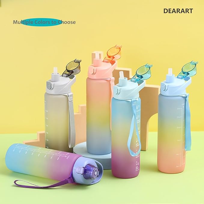DEARART 32oz Multi Pink Water Bottle, Detachable Straw Wide Mouth Motivational & Time Marker with Handle Easy Carried, Flip Up Lid Lock Feature, Suit Travel Office Yoga Gym School Work etc.