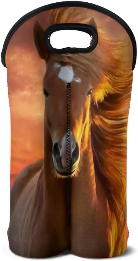 doginthehole 2 Bottle Wine Carrier Tote Horse Sunset Print Insulated Wine Cooler Bag Soft Portable Wine Bottle Carrier Neoprene Wine Tote Holder Insulated Cooler Protector Sleeve