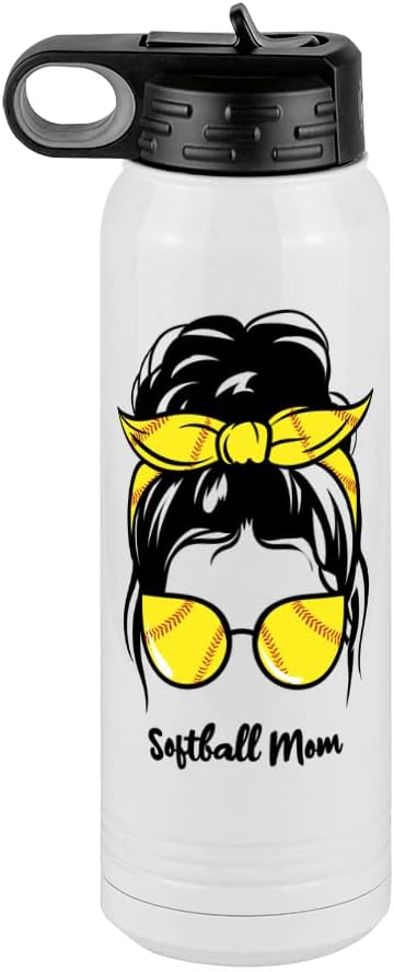 Softball Mom Water Bottle, Messy Bun, White 30 oz Polar Camel with Straw Lid, Stainless Steel, Vacuum Insulated
