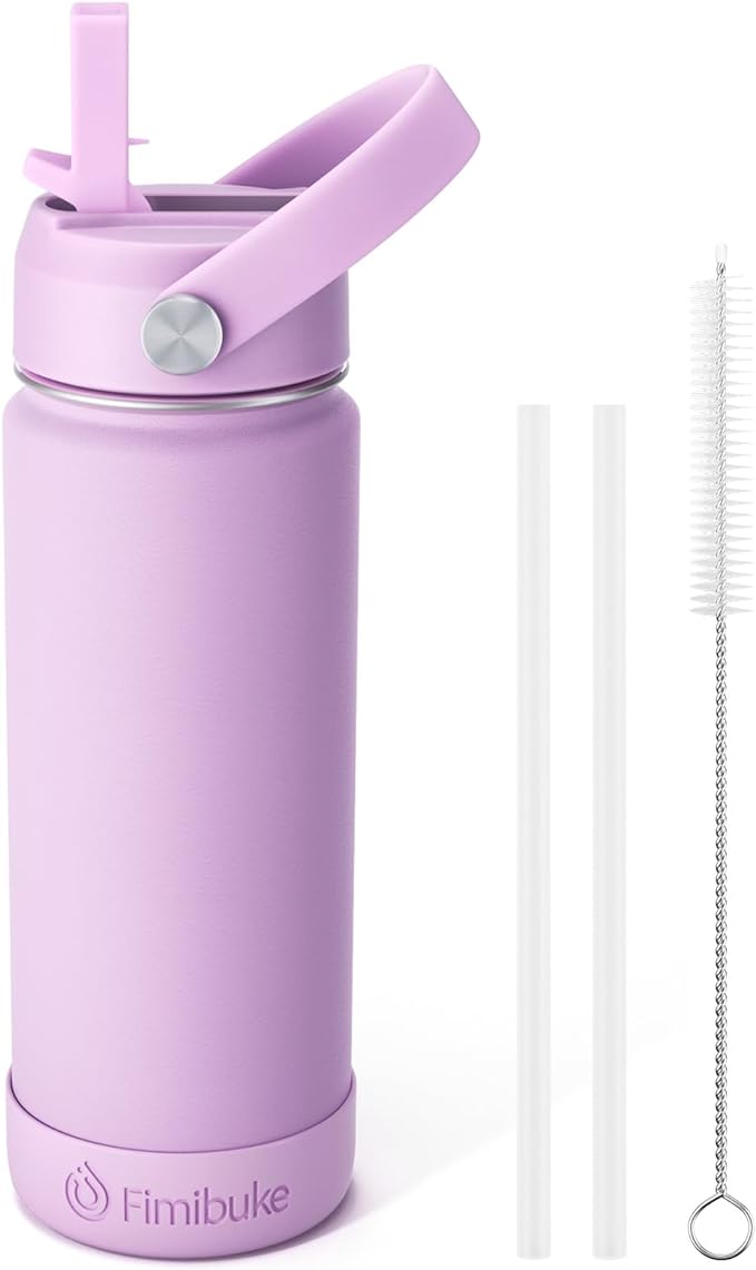 Fimibuke Kids Insulated Water Bottle - 18oz BPA-FREE 18/8 Stainless Steel Kids Cup with Straw Travel Tumbler Double Wall Vacuum Leak Proof Toddler Water Bottle for School Boys Girls(1 Pack, Lilac)