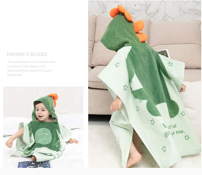 TONWHAR Kids Bath/Pool/Beach Hooded Poncho Towel-Cartoon Animal Pattern Cotton Beach Towel for Baby and Kids (Army Green Dinosaur, 5-9 Years/Height:43.3"-51.2")