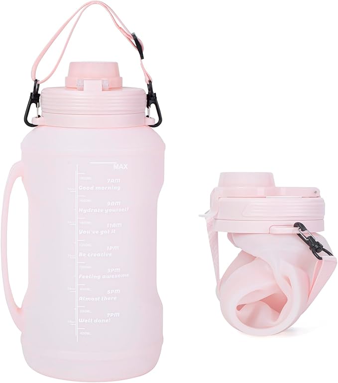 Collapsible Water Bottles 64oz with Removable Straw, Odorless BPA-Free Silicone, Leak-Proof Foldable Reusable Bottle - Perfect for Cruise Travel Sports Gym Hiking Camping Cycling - Pink