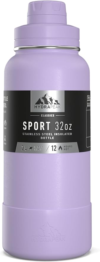 Hydrapeak 32oz Sport Insulated Water Bottle with Chug Lid, Premium Stainless Steel Water Bottles, Leak & Spill Proof, Keeps Drinks Cold for 24 Hours, Hot for 12 Hours (32oz, Lavender)