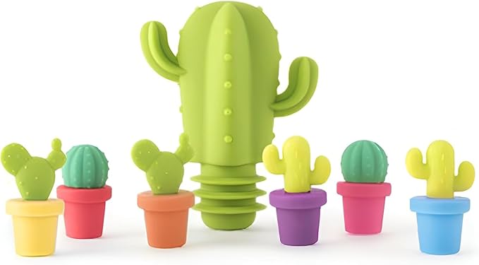 Cactus Silicone Wine Bottle Stoppers,Cute Wine Accessories, Reusable Wine Beverage Corks, for Gifts, Bar, Holiday Party, Wedding (7, M)