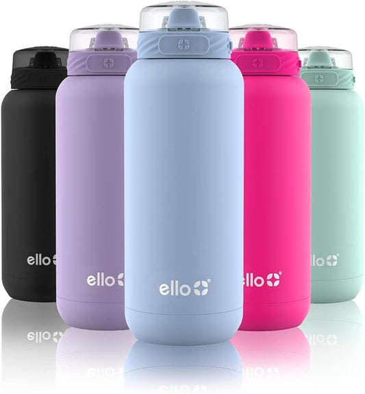 Ello Cooper 32oz Stainless Steel Water Bottle with Straw and Carry Handle, Double Walled and Vacuum Insulated Metal, Leak Proof Locking Lid with Soft Silicone Spout, Reusbale, BPA Free, Halogen Blue