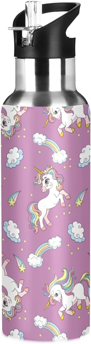 MNSRUU Insulated Water Bottle with Straw, Rainbow and Unicorns Stainless Steel Flasks for Sports Cycling Hiking School