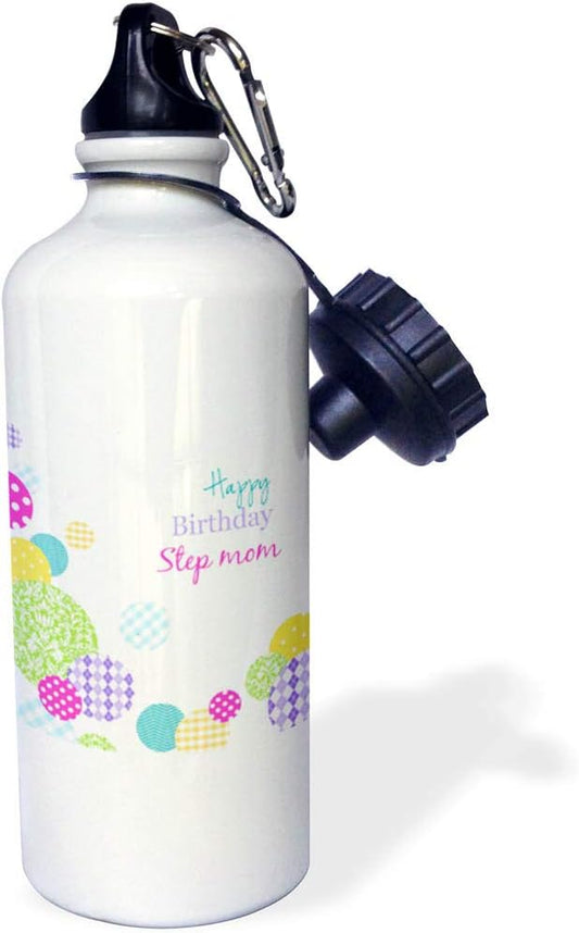3dRose Happy Birthday Step Mom Mother Modern Colorful Dots Pattern On White Sports Water Bottle, 21Oz, Multicolored