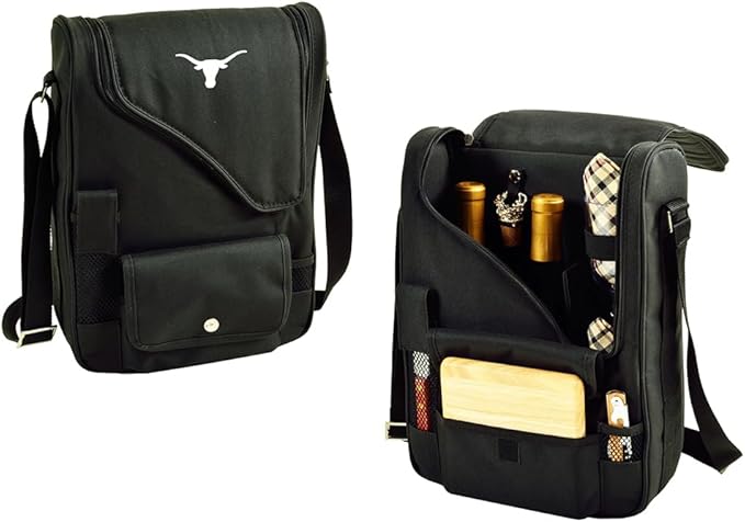 Texas University at Austin Longhorns Licensed Deluxe Wine Carrier with Wine Glasses and Accessories for Two Assembled & Quality Approved in The USA