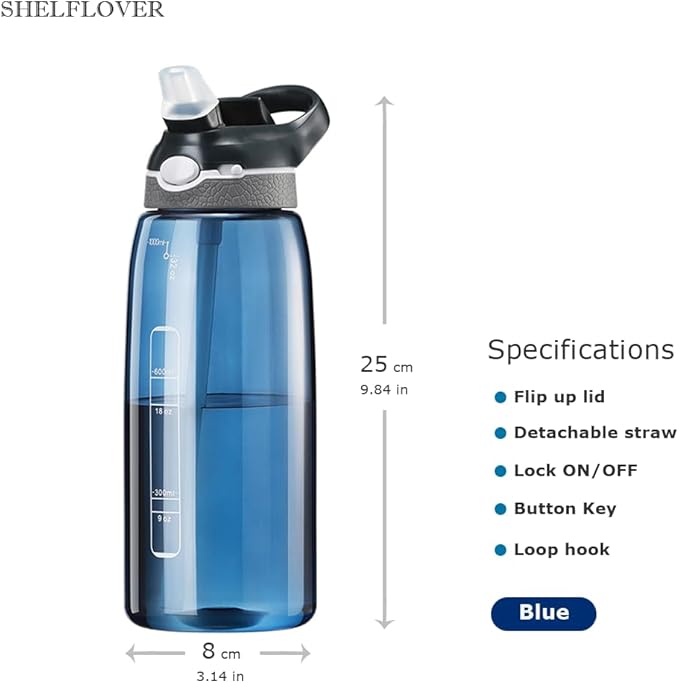 SHELFLOVER Blue Water Bottle With Narrow Straw, BPA FREE Clear Bottles With Handle One Hand Use Easy Carried, Flip Up, Suit School, Office, Gym, Office For Men, 32oz (1000ml)