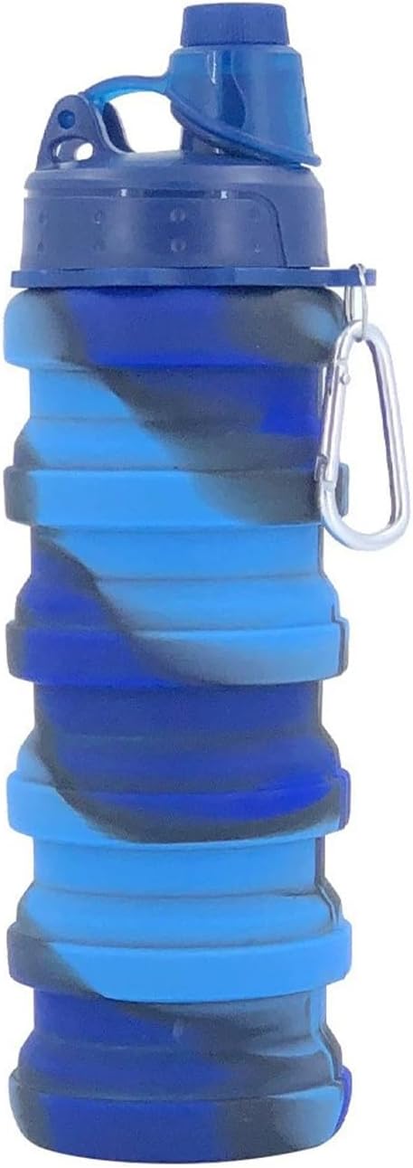 Collapsible Water Bottles Two Pack Travel Sports Portable Sport Water Bottle comes with mountaineering Buckle 500ml silicone Water-proof camping water bottle (Blue camouflage+Blue camouflage)