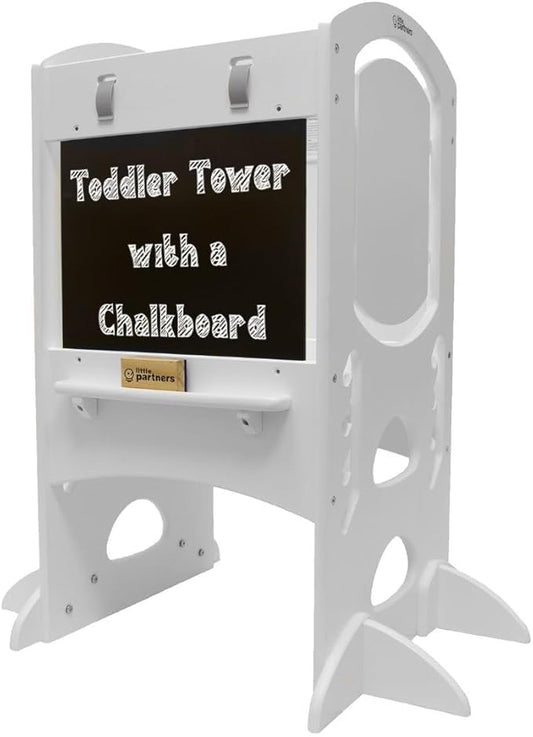 Little Partners Learning Tower Limited Edition Toddler Tower Step Stool Activity Center, Wooden Kids Learning Tower Standing Platform with Adjustable Height, Chalkboard, Safety Rails (Soft White)