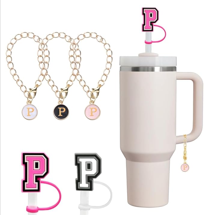 compaitable with stanley cup with accessories,30&40 oz,1 charm letter chain for handle with stanley straw top letter cover for stanley cup (p), small