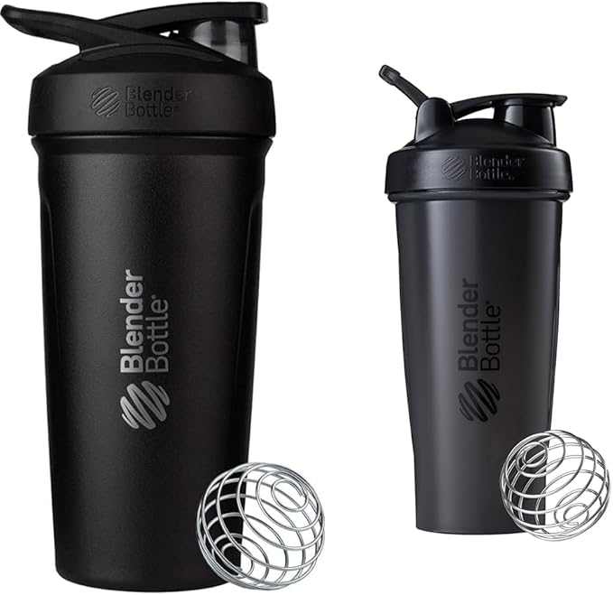 BlenderBottle Strada Shaker Cup Insulated Stainless Steel Water Bottle with Wire Whisk, 24-Ounce, Black & Classic Shaker Bottle Perfect for Protein Shakes and Pre Workout, 28-Ounce, Black