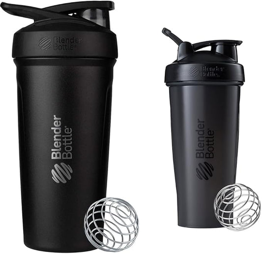 BlenderBottle Strada Shaker Cup Insulated Stainless Steel Water Bottle with Wire Whisk, 24-Ounce, Black & Classic Shaker Bottle Perfect for Protein Shakes and Pre Workout, 28-Ounce, Black