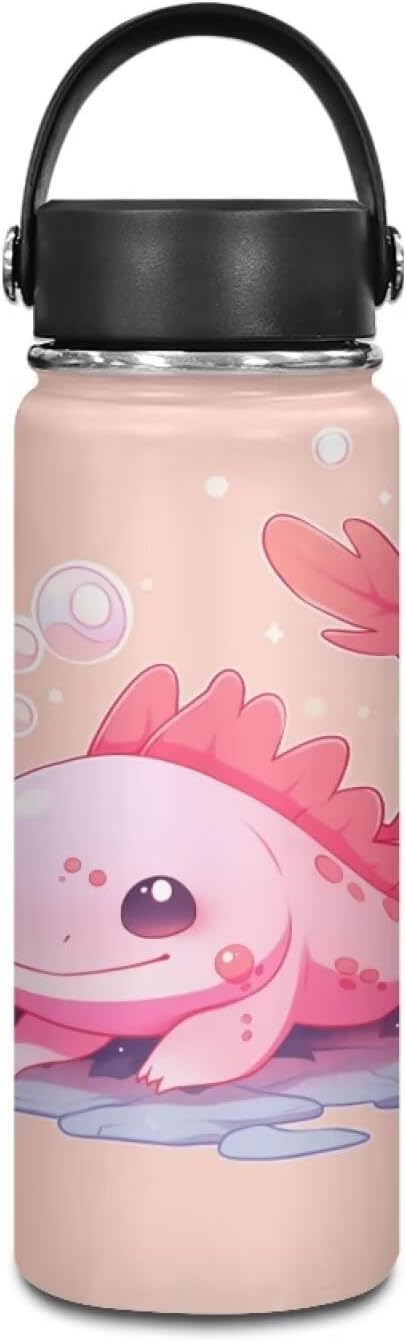 Pink Axolotl Stainless Steel Water Bottle with Handle 20 Oz Vacuum Stainless Steel Reusable Leak & Sweat Proof Gym Sports Travel Water Bottle