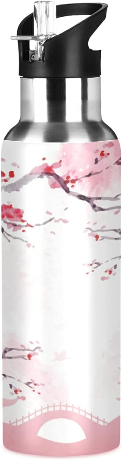 Qilmy Japanese Cherry Blossom Vacuum Insulated Water Bottle with Straw Lid 22oz Double Wall Stainless Steel Sports Water Bottle for Travel Sport, Hot Cold, BPA-Free
