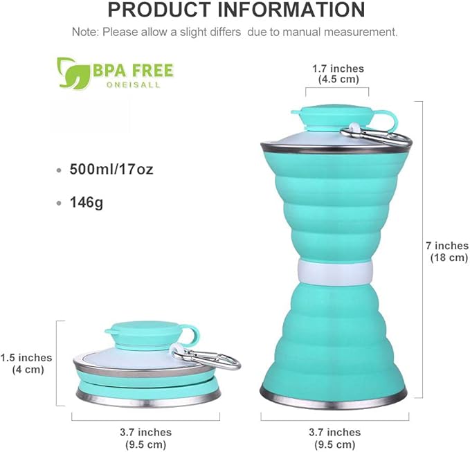 Collapsible Water Bottle, Camping Cup With Carabiner, Reuseable Silicone Foldable Leak Proof Portable Sports Travel Water Bottles For Outdoor, Travel Gym Hiking, BPA Free, Cycling Cups with Carabiner