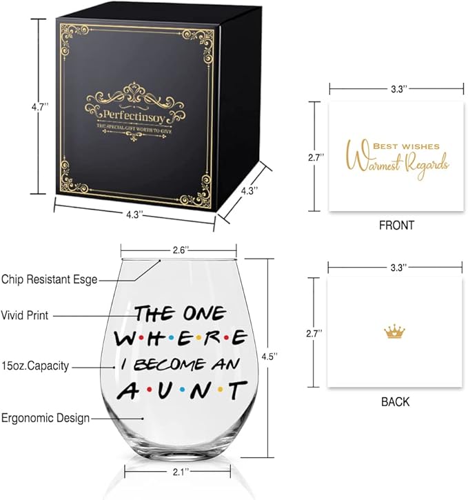 Perfectinsoy The One Where I Become an Aunt Wine Glass Gift Box, Aunt Wine Glass Gifts for Aunt, New Aunt, Women, Sister, Colleague, Friend, Neighbors, Aunt Pregnancy Announcement, Mother's Day Gift