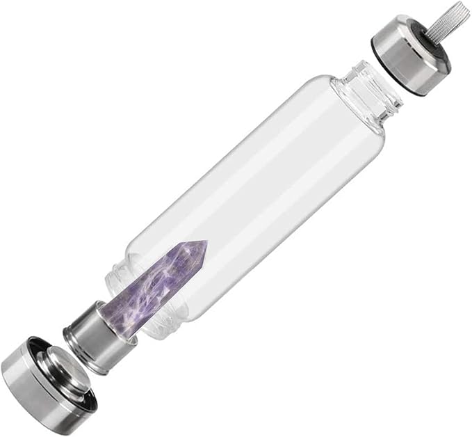 Crystal Glass Water Bottle, Glass Water Bottle with Changeable Natural Crystal Center, Quartz Gemstone Water Bottle for Natural