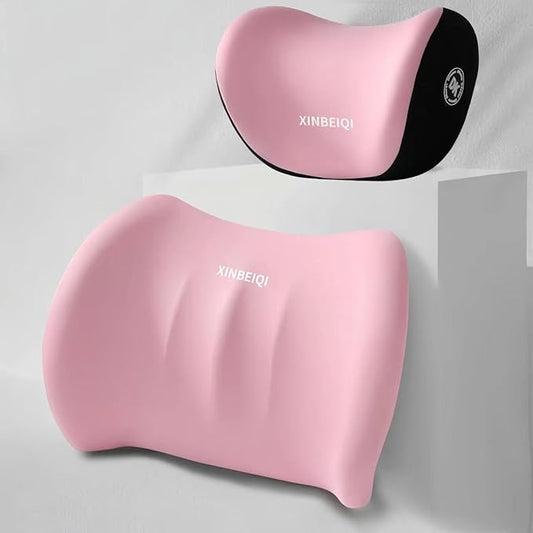 Car Seat Back Support and Car Neck Pillow Kit, Ergonomic Design headrest Lumbar Support for Neck Back Pain Relief Improve Sitting Posture (Pink)