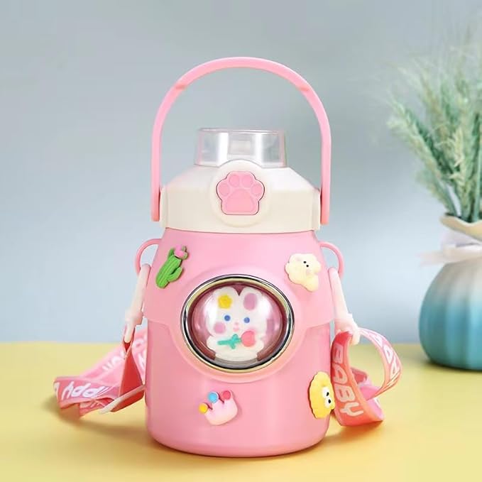 Cute Water Bottle with Strap and Straw 22oz Aesthetic Kawaii Water Bottles BPA-free Leak-proof Insulated Water Bottles for Girls Sports Travel(Pink)