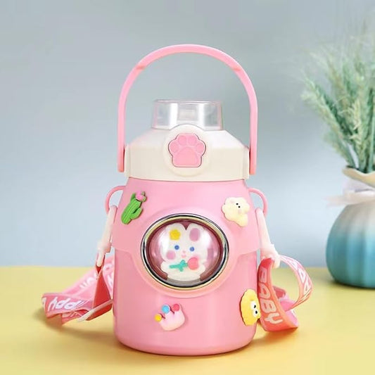 Cute Water Bottle with Strap and Straw 22oz Aesthetic Kawaii Water Bottles BPA-free Leak-proof Insulated Water Bottles for Girls Sports Travel(Pink)