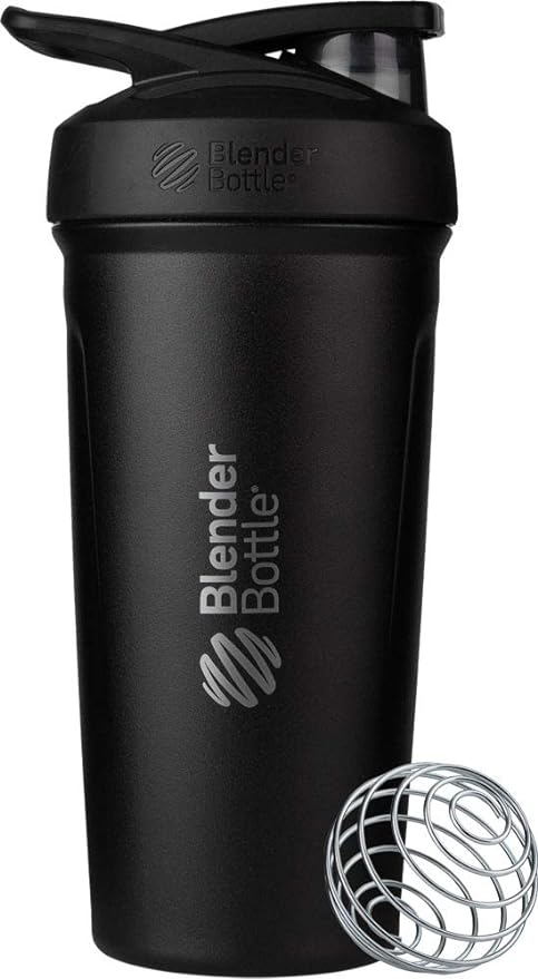 BlenderBottle Strada Shaker Cup Insulated Stainless Steel Water Bottle with Wire Whisk, 24-Ounce, Black & Classic Shaker Bottle Perfect for Protein Shakes and Pre Workout, 28-Ounce, Black
