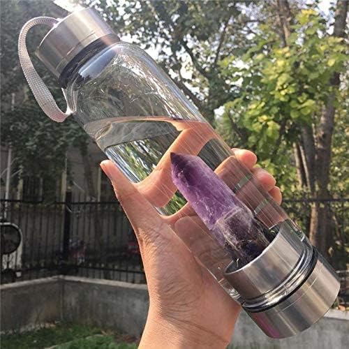 Crystal Glass Water Bottle, Glass Water Bottle with Changeable Natural Crystal Center, Quartz Gemstone Water Bottle for Natural
