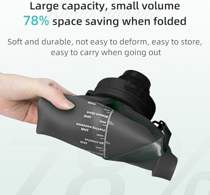 Collapsible Water Bottles 64oz with Removable Straw, Odorless BPA-Free Silicone, Leak-Proof Foldable Reusable Bottle - Perfect for Cruise Travel Sports Gym Hiking Camping Cycling - Black