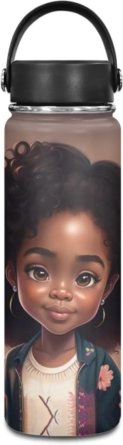 Magic Princess Teens Water Bottle 20 oz Insulated Water Bottle Afro American Stainless Steel Metal Flask Wide Mouth Bottle for Sports, Office, Travel Cup Keep Water Cold or Warm