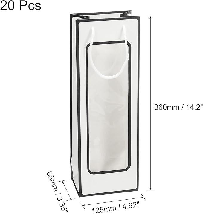 uxcell Wine Bags, 20pcs 4.92"x3.35"x14.2" Wine Gift Bags with Rope Handles, Paper Wine Tote Bag with Clear Window for Wedding Birthday Christmas, White Black